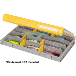 Organized fishing tackle box with compartments.