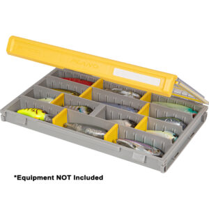 Plano tackle box with multiple compartments for lures.