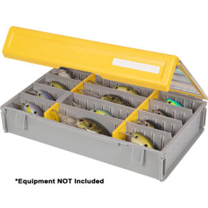 Plano tackle box with assorted fishing lures.