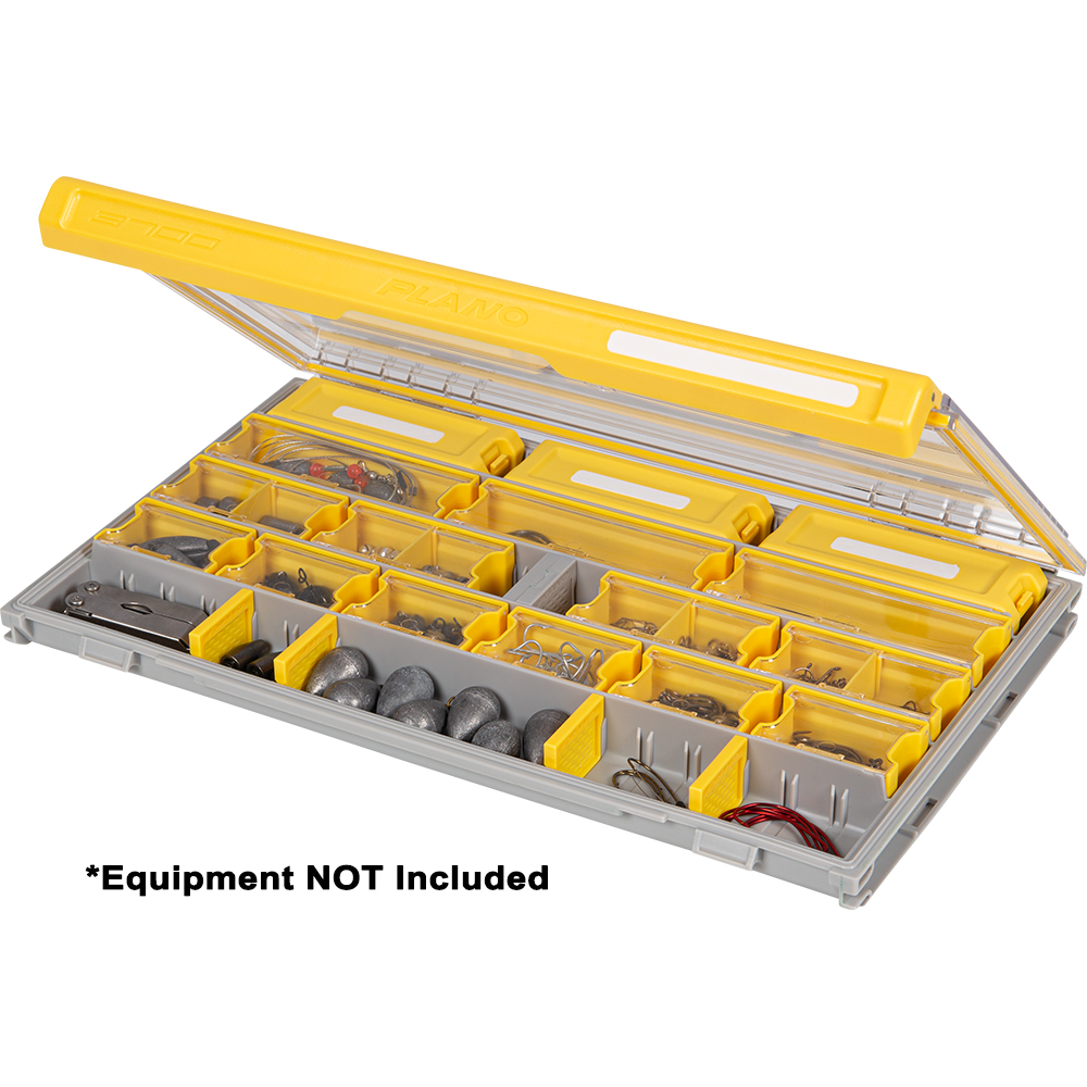 Plastic tackle box with yellow compartments, open lid.
