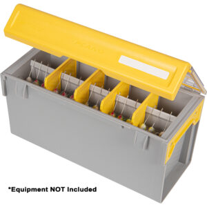 Open tackle box with yellow lid and dividers.