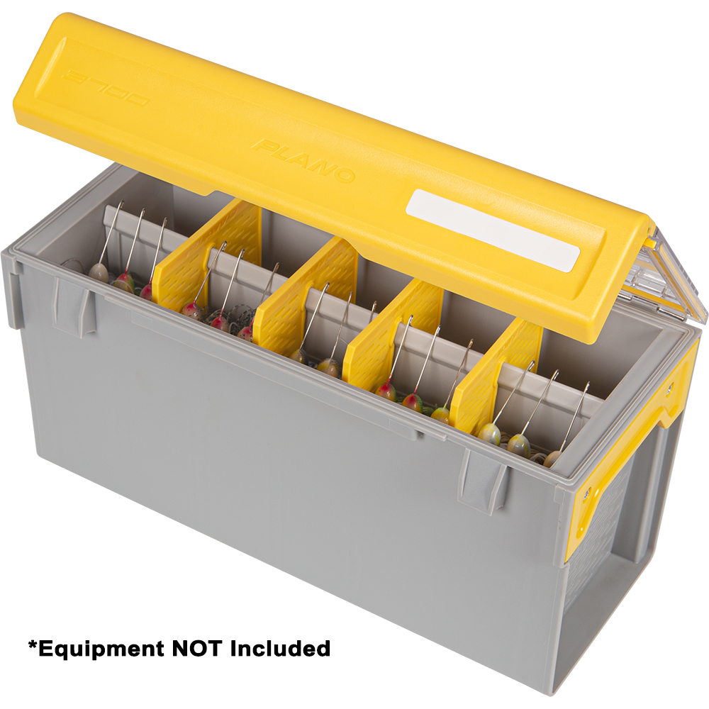 Open tackle box with yellow lid and dividers.
