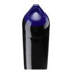 Large black buoy with blue top.