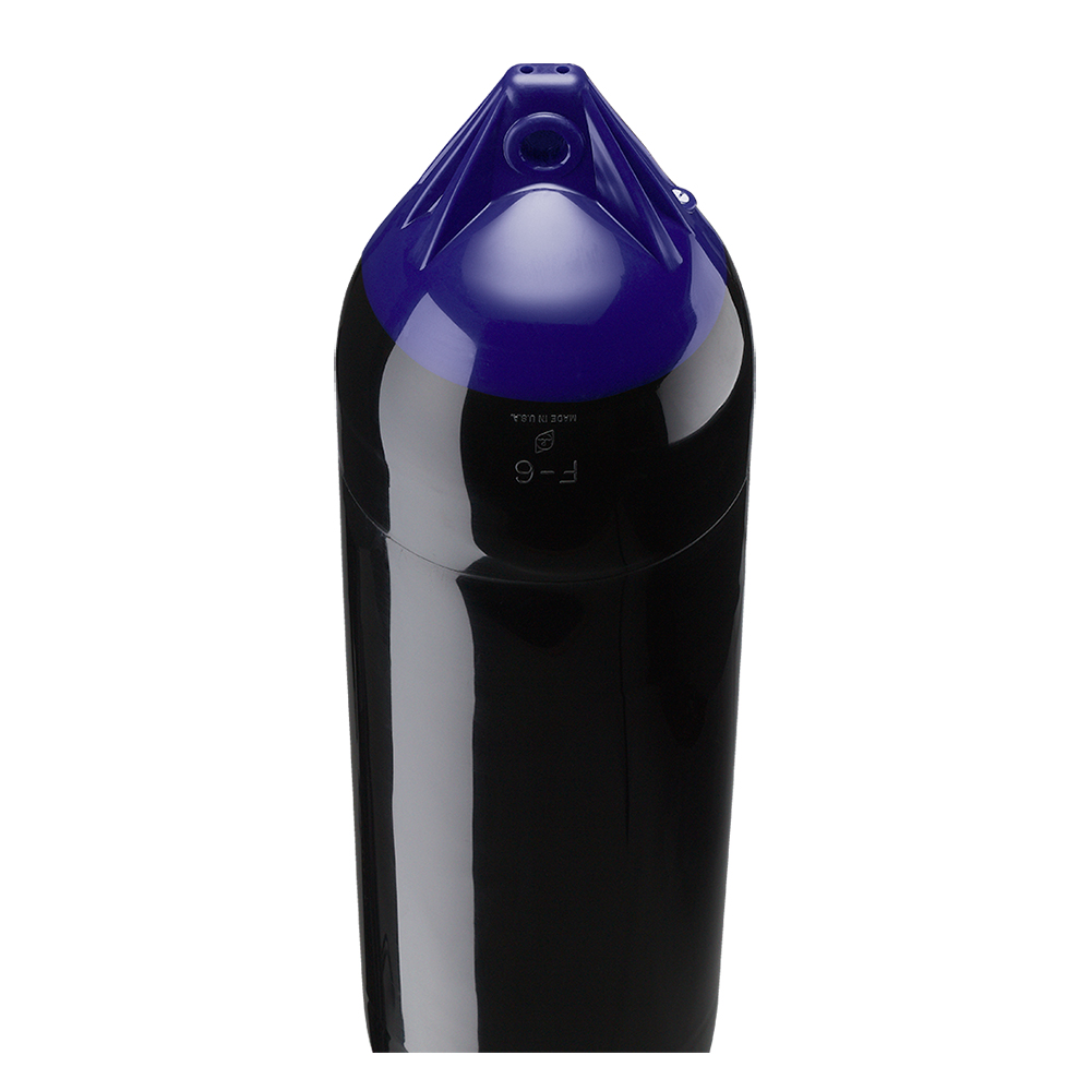 Large black buoy with blue top.