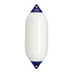White boat fender with blue ends.