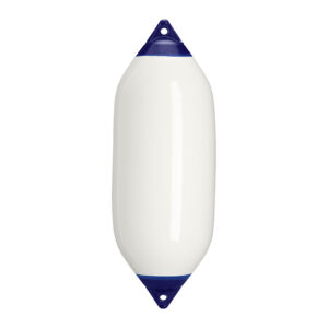 White boat fender with blue ends.