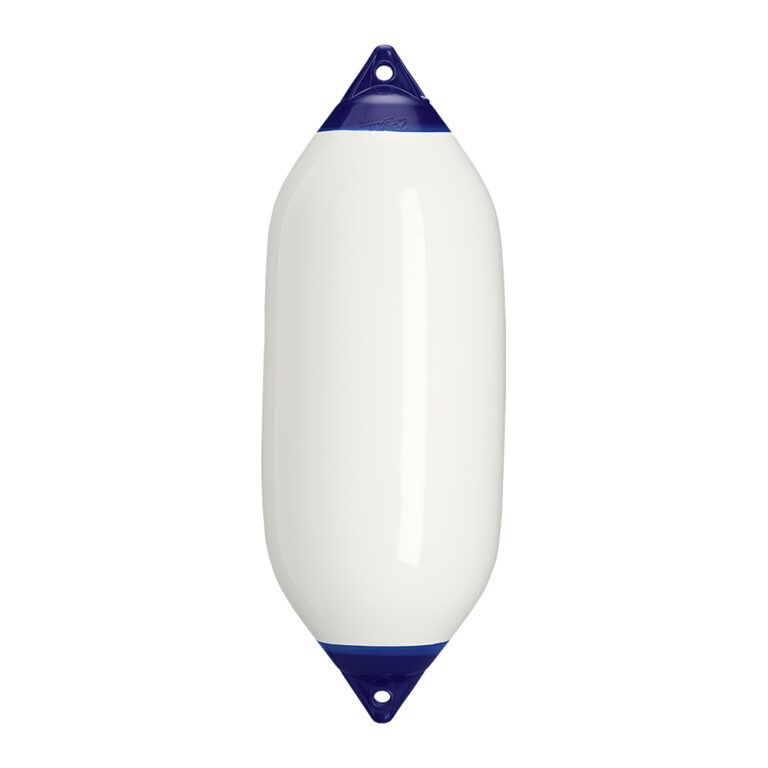 White boat fender with blue ends.