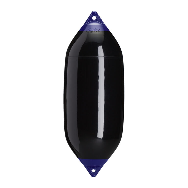 Inflatable black boat fender with blue ends