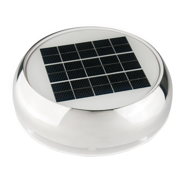 Round solar panel with metallic base.