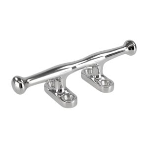 Chrome boat cleat with two mounting holes.