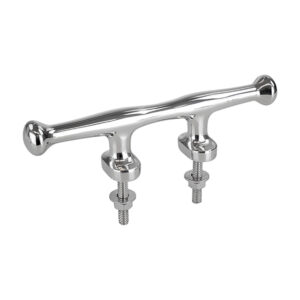 Polished chrome boat cleat with mounting bolts.