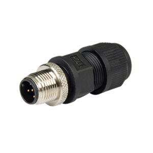 M12 male connector plug on white background