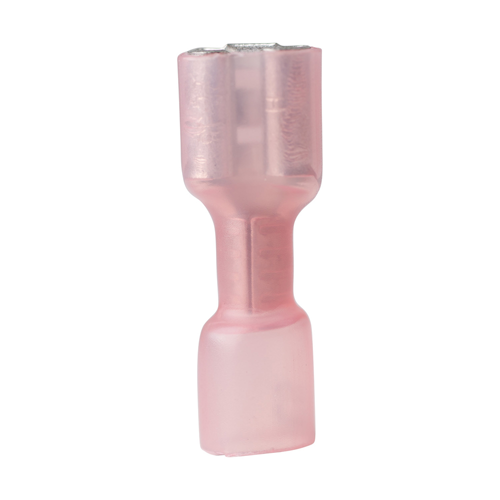 Pink electrical crimp connector, insulated female terminal.