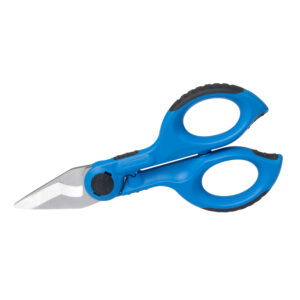 Blue ergonomic scissors with sharp blades.