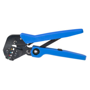 Blue wire crimping tool isolated on white background.