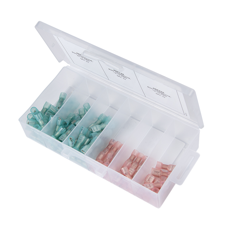 Organized plastic box with colored electrical connectors.