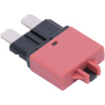 Red automotive blade fuse with two metal prongs