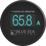 Digital ammeter showing 65.8 amps from Blue Sea.
