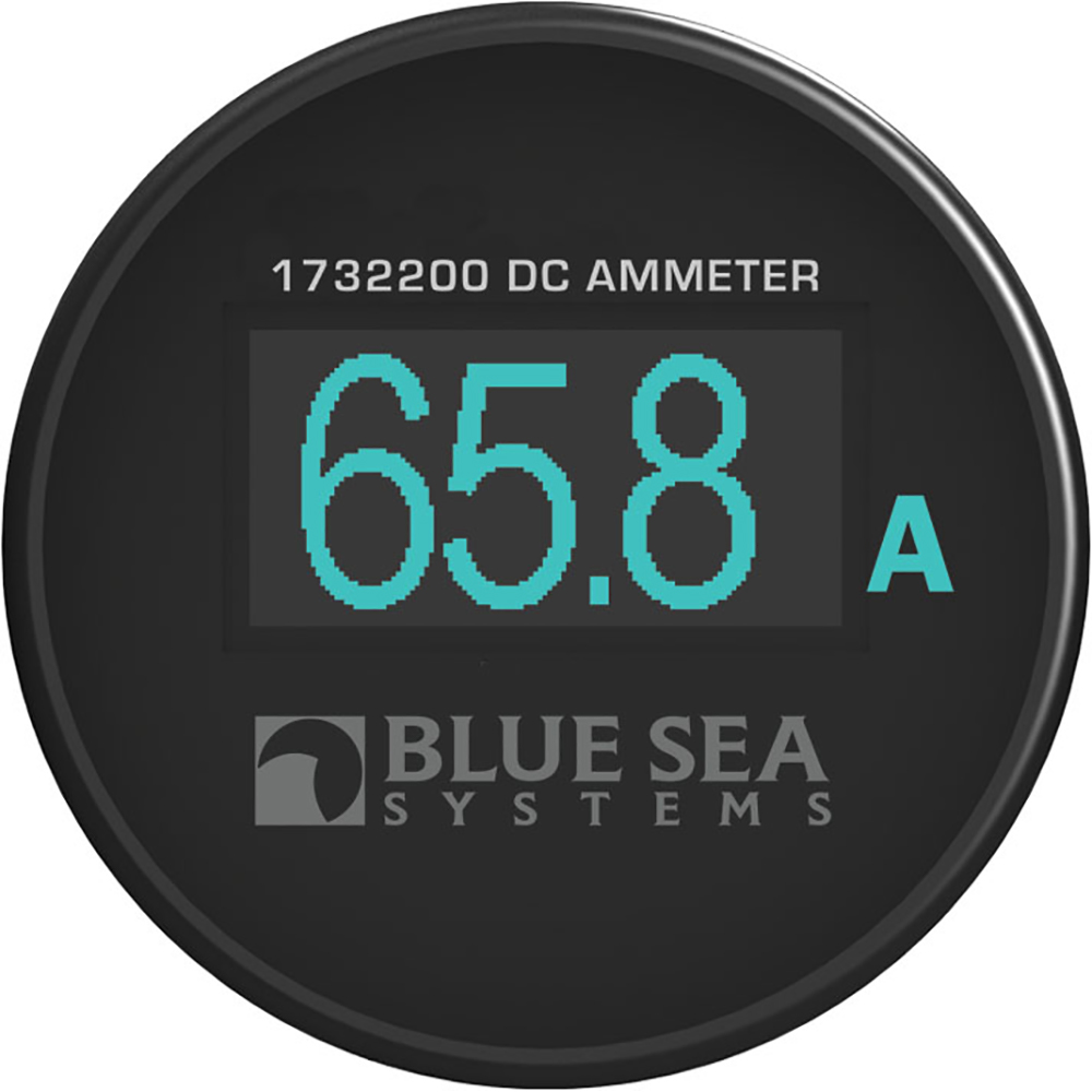 Digital ammeter showing 65.8 amps from Blue Sea.