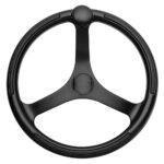 Black three-spoke ship steering wheel