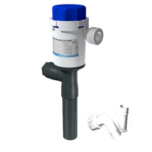 Industrial aerator pump with attached pipe fittings.