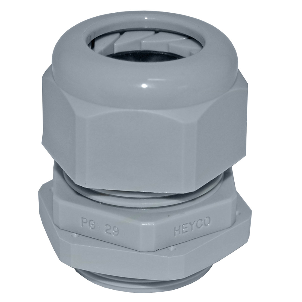 Gray Heyco PG 29 cable gland connector.