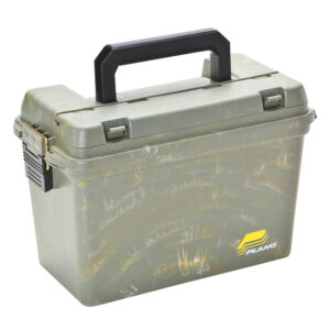 Green Plano storage box with black handle.