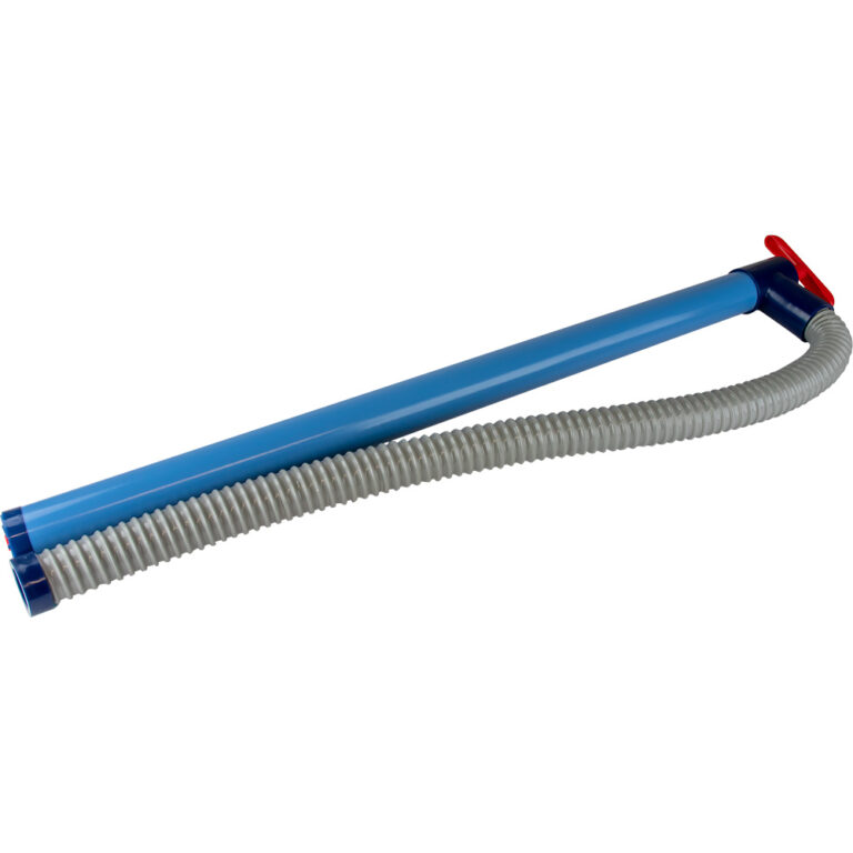 Flexible drainage hose with blue tube and red valve.