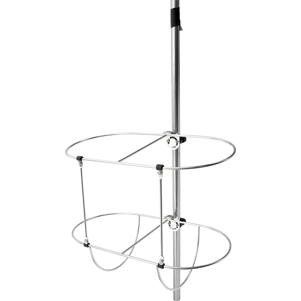 Metal laundry basket holder with pole attachment.