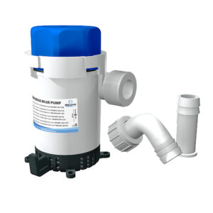 Blue and white bilge pump with accessories.