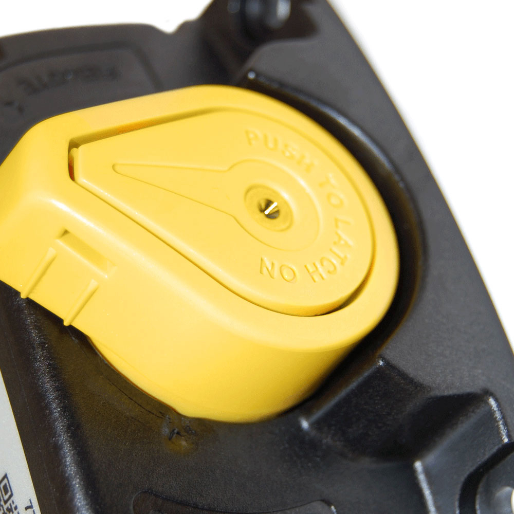 Yellow push latch on black plastic mechanism