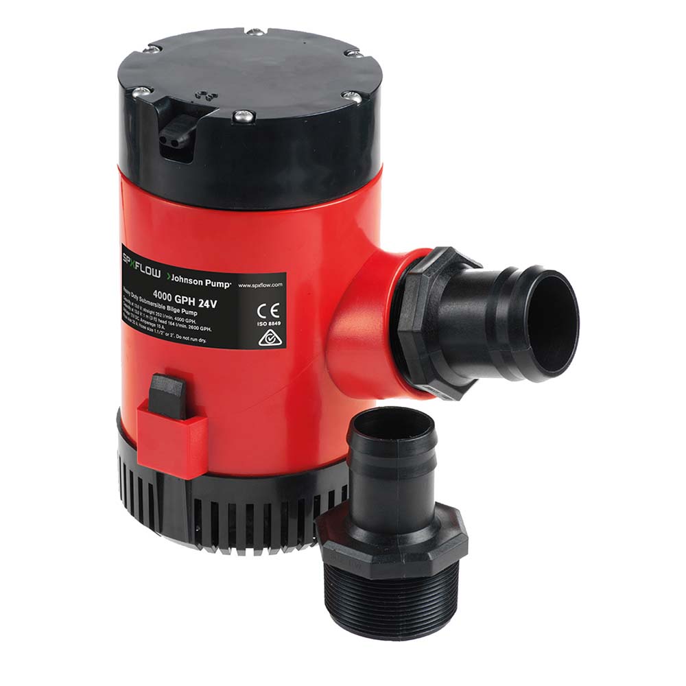 Red bilge pump with two black fittings.