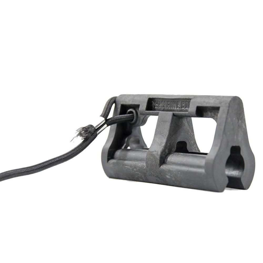 Black marine rope cleat with frayed cord.