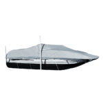 Boat with gray cover, protected from elements.