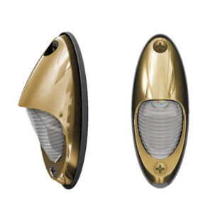 Gold wall light fixtures, front and side view.