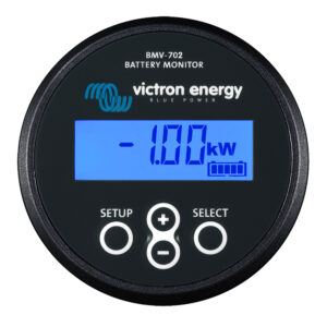 Victron Energy battery monitor display showing -1.00kW