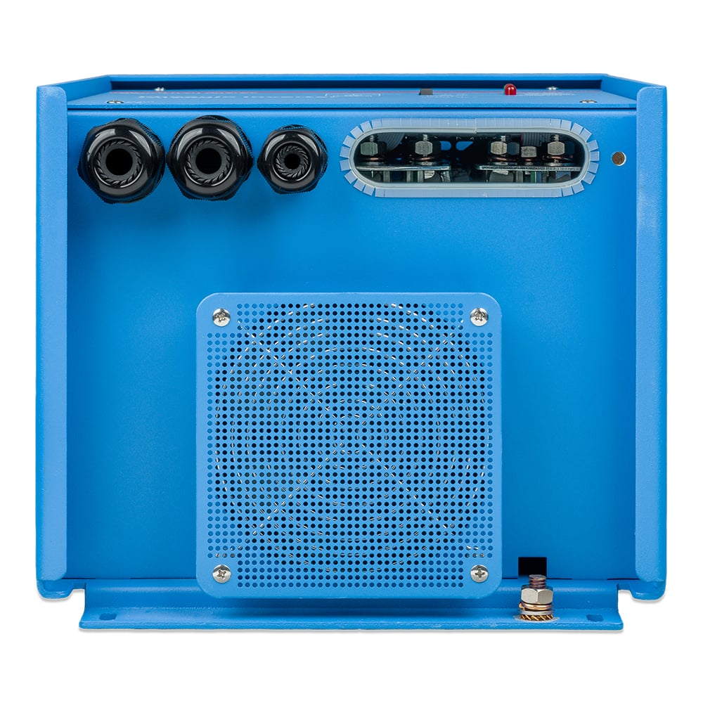 Blue industrial power inverter with connectors and vents.