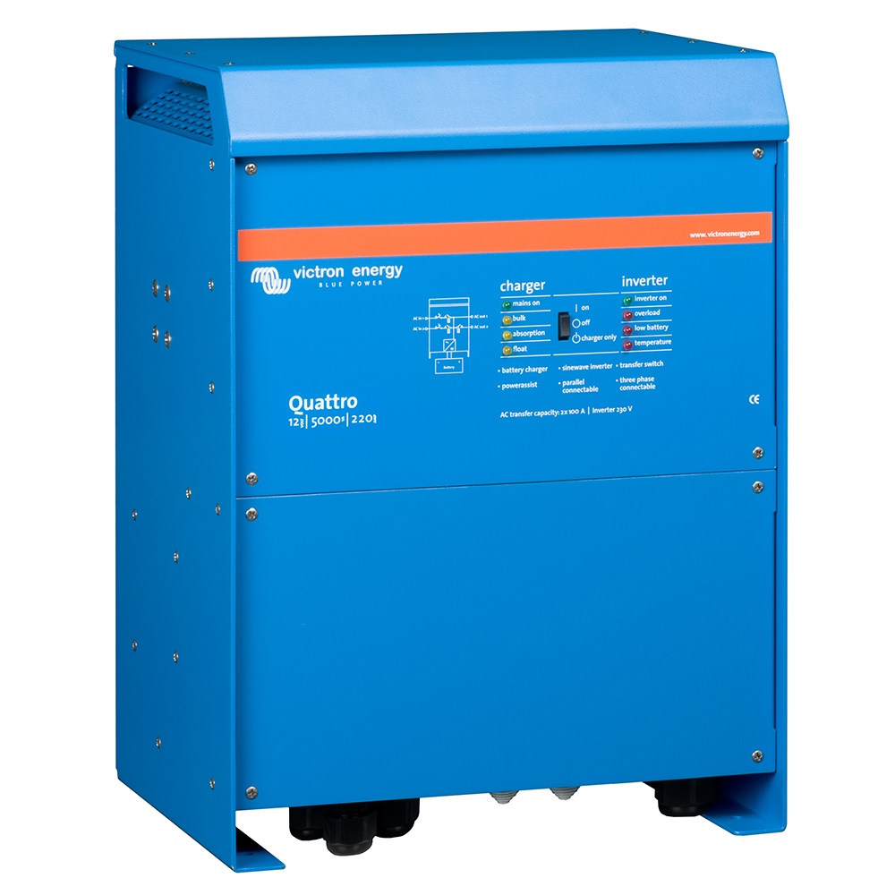 Blue Victron Energy inverter and charger device.