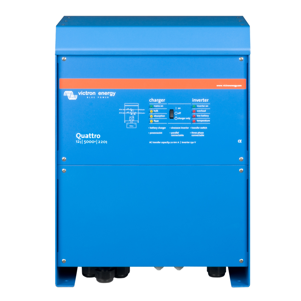 Blue Victron Energy Quattro inverter charger front view.