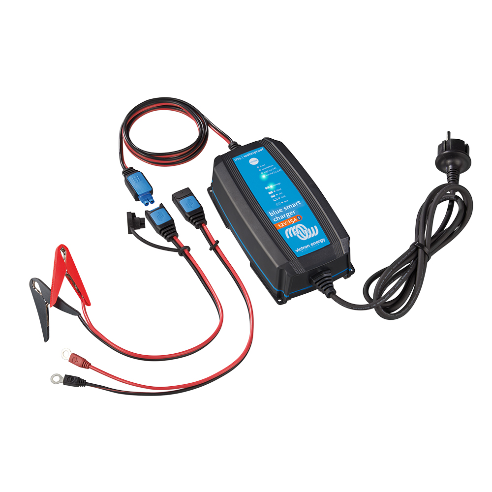 Blue smart battery charger with cables and plug.