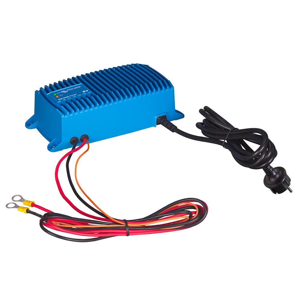 Blue battery charger with cables and plug