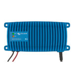 Blue smart battery charger with indicator lights.