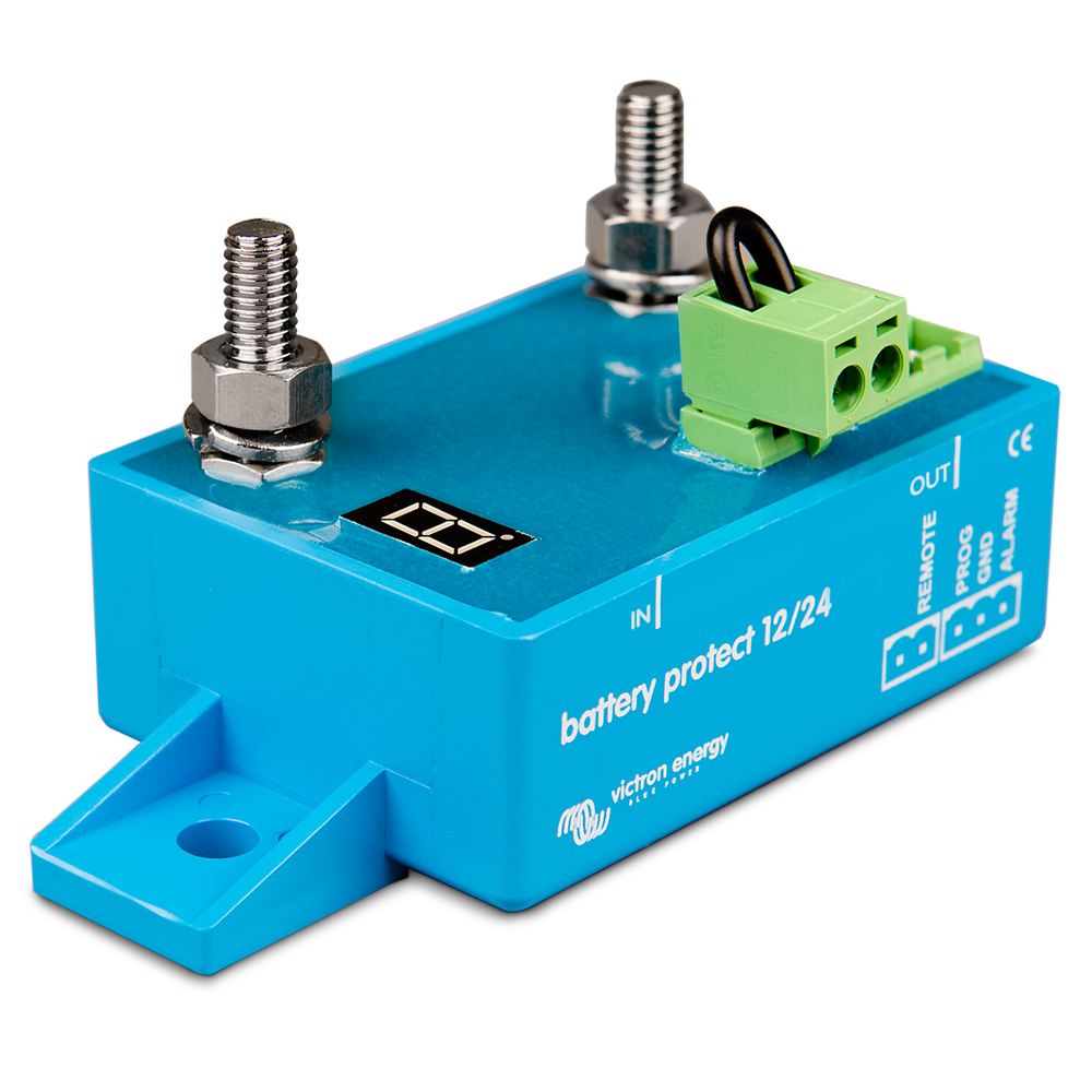 Blue battery protector device with connectors.