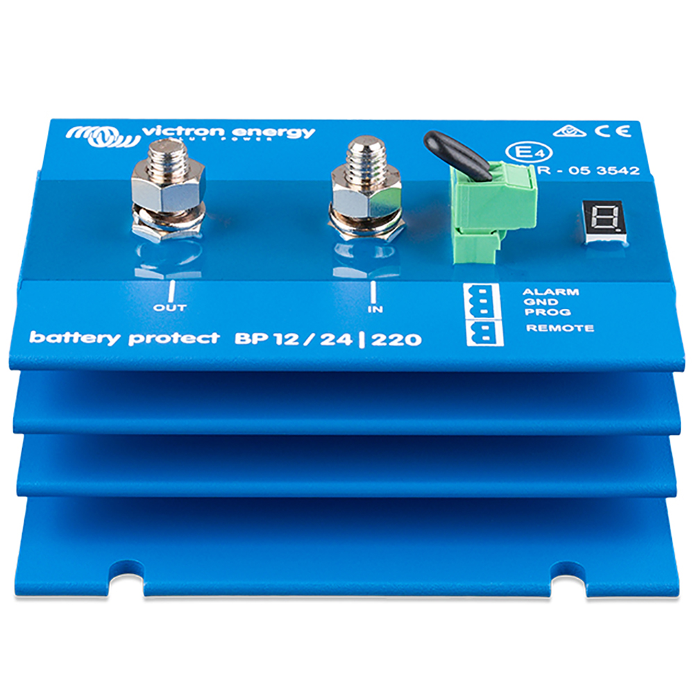 Blue battery protection device with terminals and connectors.