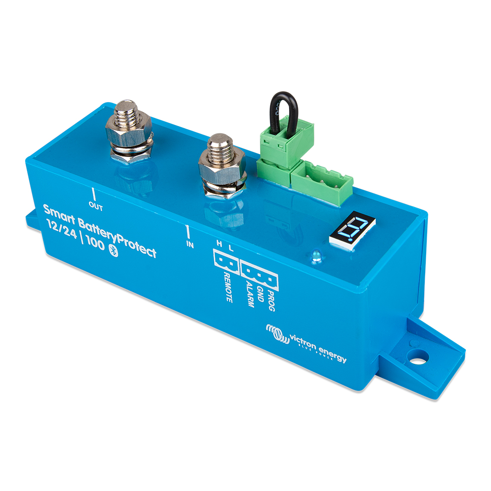 Blue 12/24V Smart BatteryProtect device with connectors.