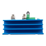 Blue electrical component with metal connectors.