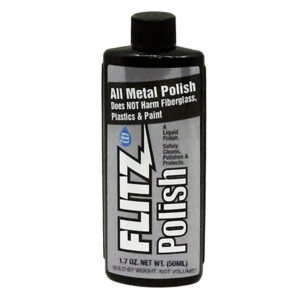Flitz metal polish bottle, cleans and protects surfaces.