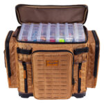 Brown backpack with organized tackle boxes inside.