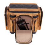 Brown tactical gear bag with multiple compartments open.