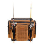 Fishing tackle bag with rods attached.